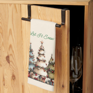 ウォーターカラーのクリスマスツリーと雪のデザインのクリスマステーブルクロス キッチンタオル