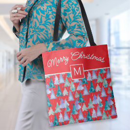 ウォーターカラーのクリスマスツリーの華やかな赤色のモノグラム トートバッグ
