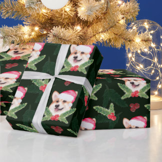 ウォーターカラーのクリスマスパピー、ホーリーベリー、マツ ラッピングペーパー