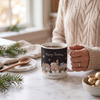 ウォーターカラーのクリスマスビレッジデザインマグ コーヒーマグカップ