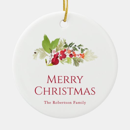 ウォーターカラーのクリスマスホーリーベリーと常緑樹 セラミックオーナメント (正面)
