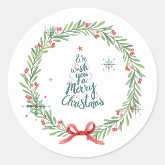 ウォーターカラーのクリスマスリースステッカー ラウンドシール