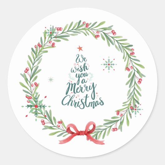 ウォーターカラーのクリスマスリースステッカー ラウンドシール (正面)