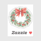 ウォーターカラーのクリスマスリース 赤いリボンとベリー付き シール (シート)