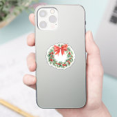 ウォーターカラーのクリスマスリース 赤いリボンとベリー付き シール (スマートフォン)