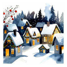 ウォーターカラーのクリスマス ウォールアート あったかい冬の村