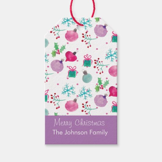 ウォーターカラーのクリスマス テーマ 手描き パターン ギフトタグ (正面)