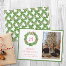 ウォーターカラーのクリスマス モノグラム リボン リース 写真