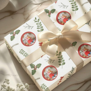 ウォーターカラーのグリーンが美しいクリスマスのフォトギフト包装紙 ラッピングペーパー