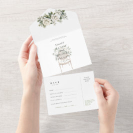 ウォーターカラーのグリーンと白いバラの結婚式RSVPカード オールインワン招待状