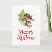 ウォーターカラーのグリーンと赤い実のメリークリスマス ノートカード (正面)