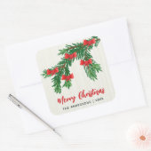 ウォーターカラーのグリーンに赤いリボンのクリスマスデザイン スクエアシール (封筒)