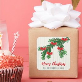 ウォーターカラーのグリーンに赤いリボンのクリスマスデザイン スクエアシール