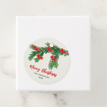 ウォーターカラーのグリーンに赤いリボンのクリスマスデザイン