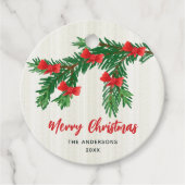 ウォーターカラーのグリーンに赤いリボンのクリスマスデザイン フェイバータグ (正面)