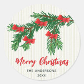 ウォーターカラーのグリーンに赤いリボンのクリスマス ラウンドシール (正面)