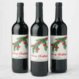 ウォーターカラーのグリーンに赤いリボンのクリスマス ワインラベル