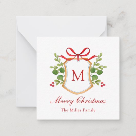 ウォーターカラーのグリーンを使ったモノグラムの紋章 クリスマス ノートカード (正面)