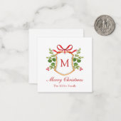 ウォーターカラーのグリーンを使ったモノグラムの紋章 クリスマス ノートカード (正面/裏面インサイチュ)