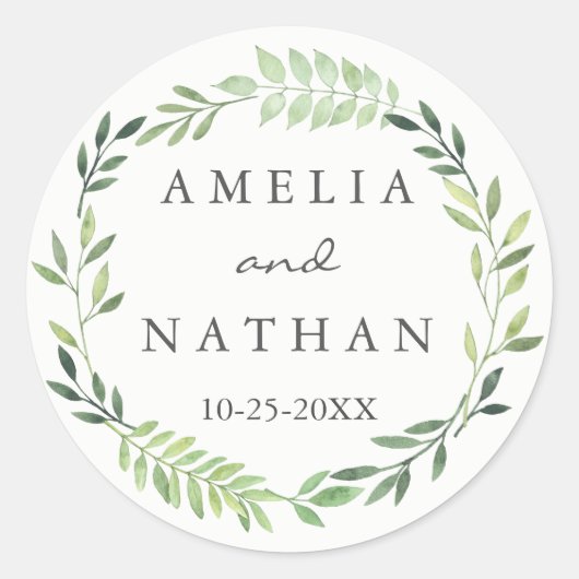 ウォーターカラーのグリーンリーフリース結婚式ステッカー ラウンドシール (正面)
