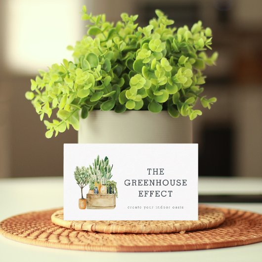 ウォーターカラーのグリーン+鉢植えの観葉植物+ナースリー 名刺