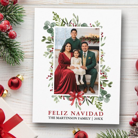 ウォーターカラーのグリーン Feliz Navidad 赤いリボン ポストカード