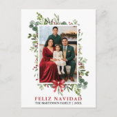 ウォーターカラーのグリーン Feliz Navidad 赤いリボン ポストカード (正面)