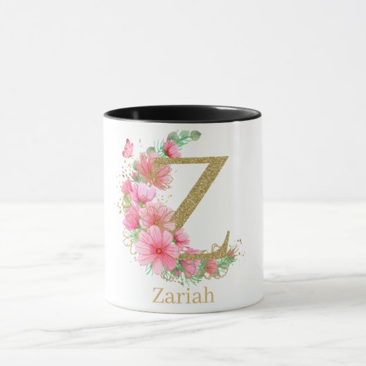 ウォーターカラーのゴールドと花のモノグラムの文字Z マグカップ (中央)