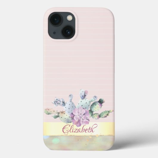 ウォーターカラーのサボテン、ピンクのストライプの多肉植物の花 Case-Mate iPhoneケース (裏面)