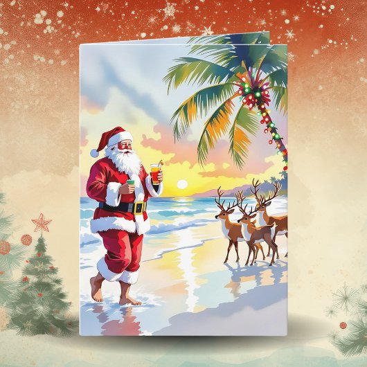 ウォーターカラーのサンタとビーチのトナカイ クリスマス