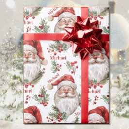 ウォーターカラーのサンタ 名前入り クリスマスコテージ ラッピングペーパー