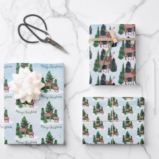 ウォーターカラーのシカのクリスマス ラッピングペーパーシート (正面)