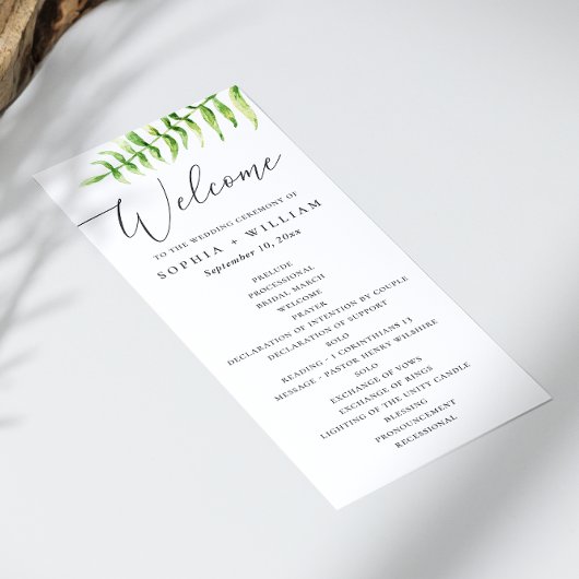 ウォーターカラーのシダ。モダンボタニカルスクリプトの森の結婚式 プログラム