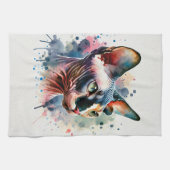 ウォーターカラーのスフィンクス猫の芸術的な肖像画 キッチンタオル (横)