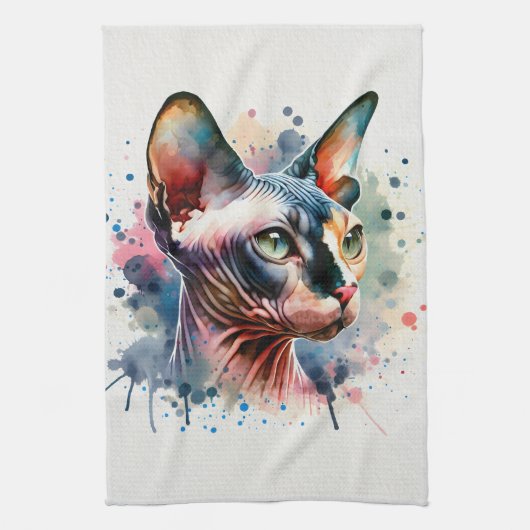 ウォーターカラーのスフィンクス猫の芸術的な肖像画 キッチンタオル (縦)