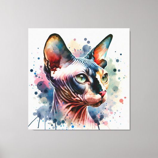 ウォーターカラーのスフィンクス猫の芸術的な肖像画 キャンバスプリント (正面)