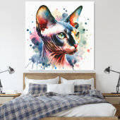ウォーターカラーのスフィンクス猫の芸術的な肖像画 キャンバスプリント (インサイチュ (寝室))