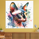 ウォーターカラーのスフィンクス猫の芸術的な肖像画 キャンバスプリント (インサイチュ (リビング))