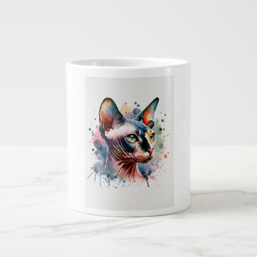 ウォーターカラーのスフィンクス猫の芸術的な肖像画 ジャンボコーヒーマグカップ (正面)