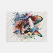 ウォーターカラーのスフィンクス猫の芸術的な肖像画 フリースブランケット (正面(横))