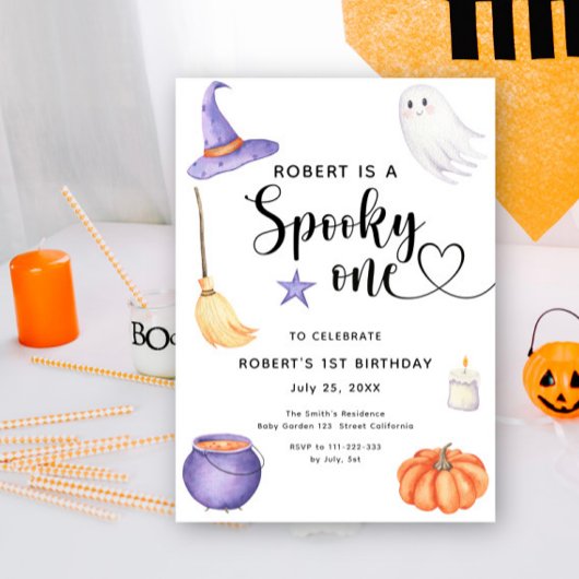 ウォーターカラーのスプーキー・ハロウィン 1歳の誕生日 招待状
