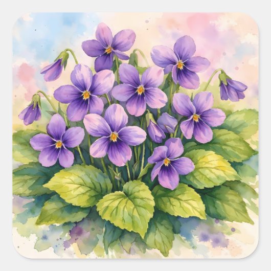 ウォーターカラーのスミレの花開く スクエアシール (正面)