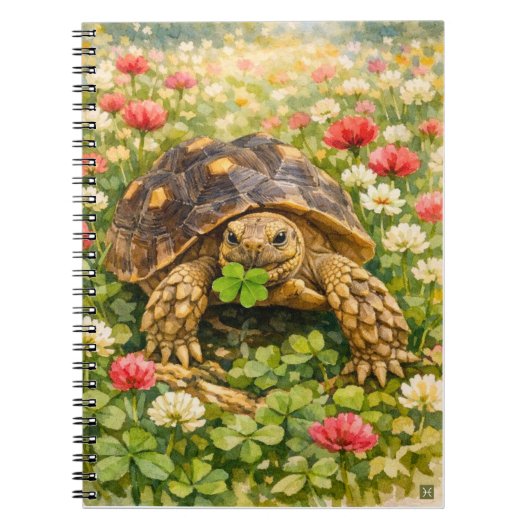 ウォーターカラーのスルカタリクガメと幸せクローバー ノートブック (正面)