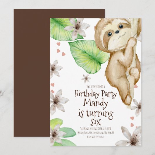 ウォーターカラーのスロース掛け花のハートの誕生日 招待状 (正面/裏面)