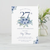 ウォーターカラーのダスティブルーの花柄の27歳の誕生日 招待状 (スタンド正面)