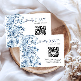 ウォーターカラーのダスティブルーフローラル ウェディングRSVP QRコード 出欠カード