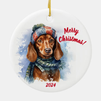 ウォーターカラーのダックスフント メリークリスマス セラミックオーナメント