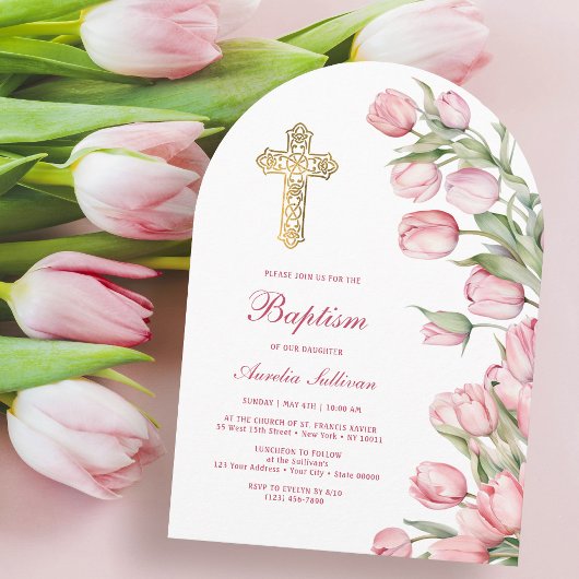 ウォーターカラーのチューリップアーチ 洗礼 招待状