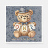 ウォーターカラーのテディベアとONEバナーの誕生日  スタンダードランチョンナプキン (正面)