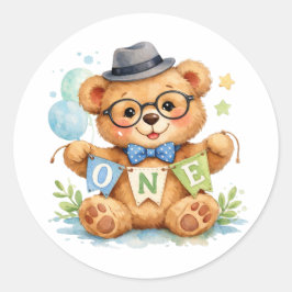 ウォーターカラーのテディベアとONEバナーの誕生日 ラウンドシール